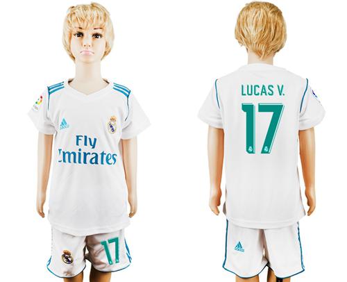 Real Madrid #17 Lucas V. White Home Kid Soccer Club Jersey - Click Image to Close